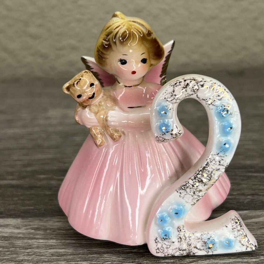Vintage JOSEF ORIGINALS Birthday Girl Angel Figurine Age 2 Teddy Bear FLAW